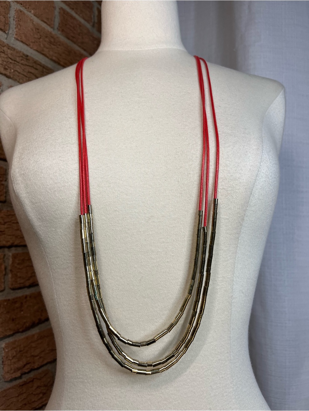 Vintage 3 Strand Red Cord Metallic Tube Bead Statement Necklace 18” Boho
